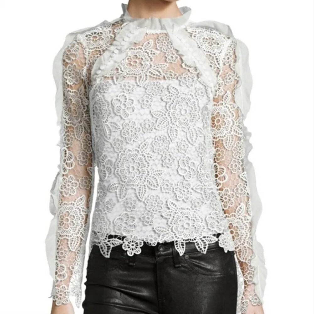 NWT Self-Portrait White Floral Guipure Lace Ruffled Cutout Blouse Top sz 4